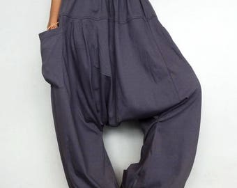 Drop crotch long trouser Unisex harem baggy pants unique Gray cotton blend