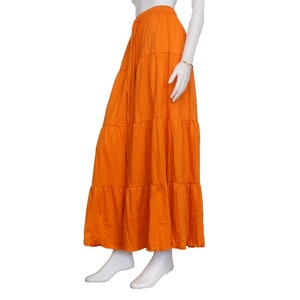 Womens Long  Ruffle  Skirt Country Style In Orange Cotton Blend Skirt
