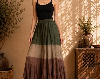 100% Cotton Ombre Tiered Maxi Skirt, Bohemian Ruffle Flowy Style