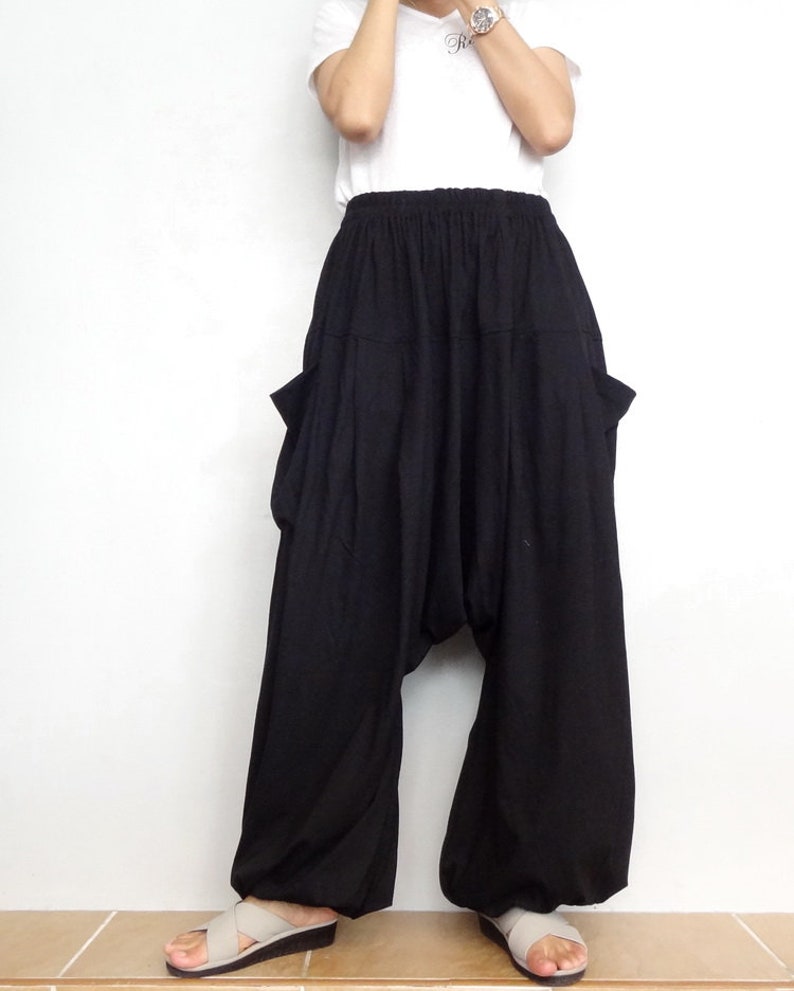 Baggy Drop Crotch Unisex Harem Dhoti Pants in Soft Black Cotton Blend ...