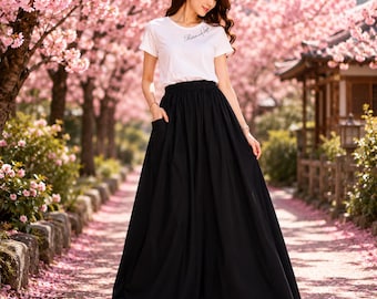 Black Maxi Flowy Skirt, Bohemian Clothing with Pockets