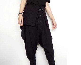 Harem Drop Crotch Pants Asymmetric Trendy Black Cotton Blend