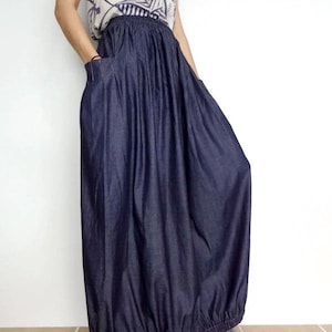 Maxi Long Skirt Pleated Denim Cotton Lightweight Dark blue