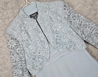 R&M Richards Women's Blue-Gray Dress  Jacket Set Size 12P Lace Sequined Chiffon