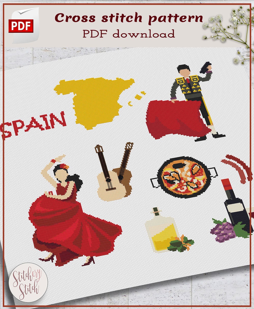 Spain Cross Stitch Pattern | Spanish Travel Design (PDF) - Etsy