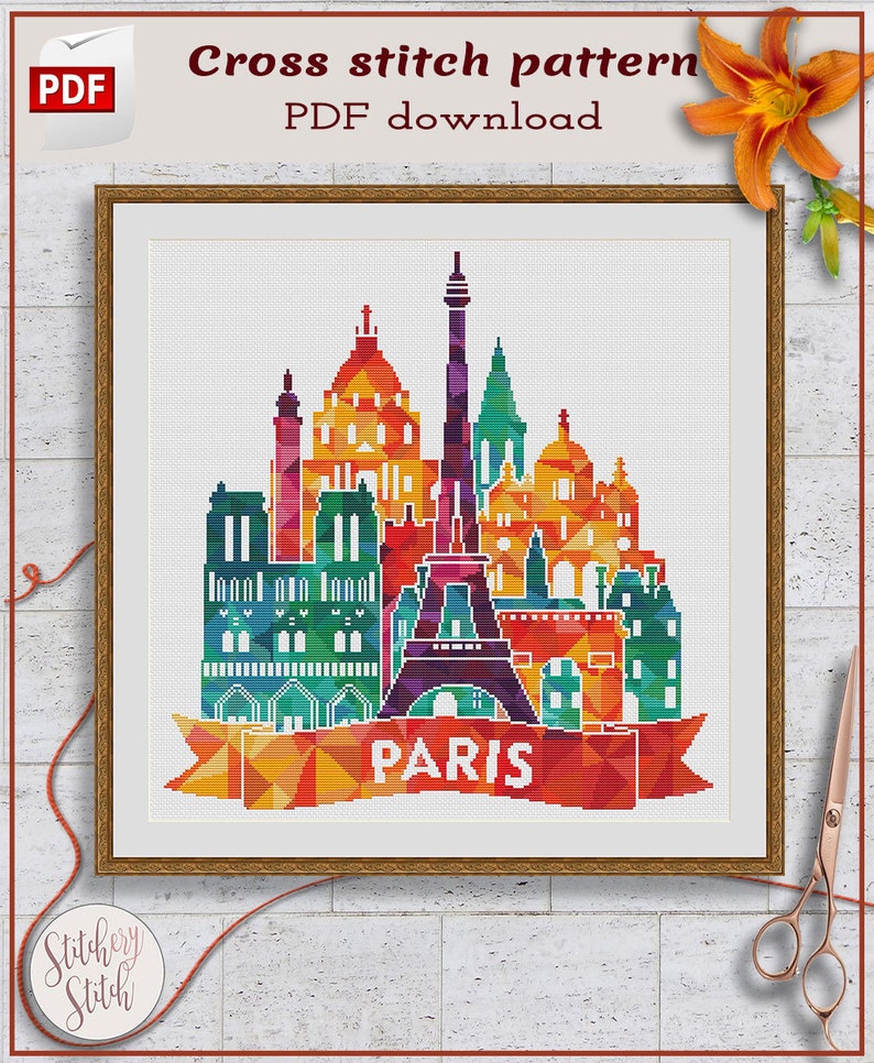 Geometric cross stitch pattern Paris cross stitch chart France cross stitch design Modern needlepoint pattern PDF image 1