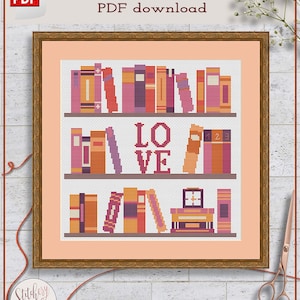 Books cross stitch pattern | Bookshelf cross stitch chart | Subversive cross stitch design | Modern cross stitch pattern PDF