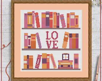 Books cross stitch pattern | Bookshelf cross stitch chart | Subversive cross stitch design | Modern cross stitch pattern PDF