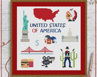 USA cross stitch, America cross stitch, United States cross stitch design, Modern cross stitch PDF