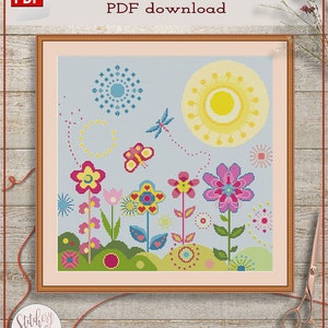 Floral cross stitch pattern | Flowers cross stitch chart | Summer cross stitch design, Modern cross stitch PDF