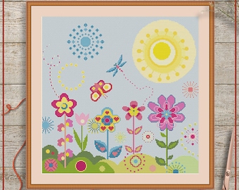 Patrón de punto de cruz floral / Mariposa, flores de verano (PDF)