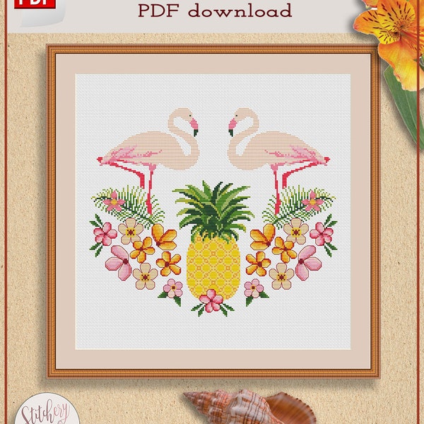 Pineapple and Flamingos cross stitch pattern PDF by Stitchery Stitch