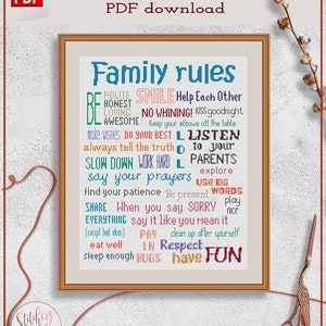 Family rules cross stitch project, Family sayings cross stitch design, Modern cross stitch PDF