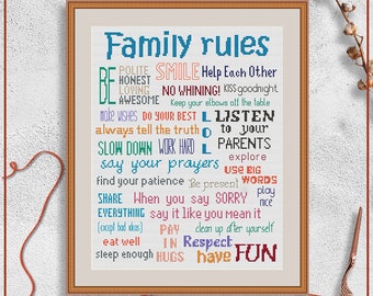 Family rules cross stitch project, Family sayings cross stitch design, Modern cross stitch PDF