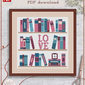 Bookshelf cross stitch pattern | Books cross stitch chart | Counted cross stitch project | Modern cross stitch PDF