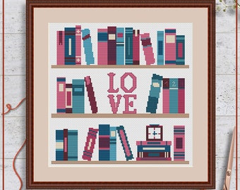 May include: Cross stitch pattern PDF download of a bookshelf with books and the word "LOVE" in pink letters.
