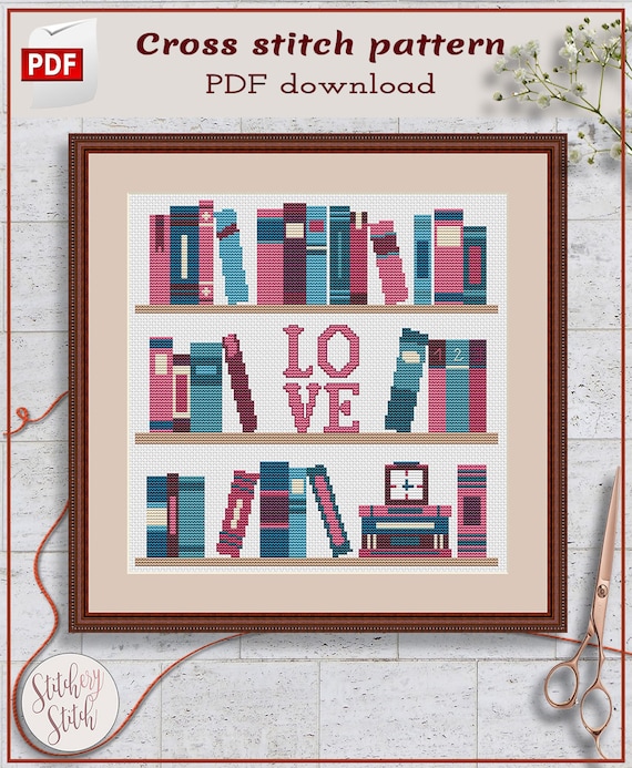 Bookshelf Cross Stitch Pattern Books Cross Stitch Chart Counted Cross Stitch  Project Modern Cross Stitch PDF 