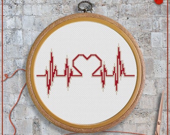 Love cardiogram cross stitch pattern | Heartbeat heart cross stitch chart | Love cross stitch design | Easy cross stitch PDF