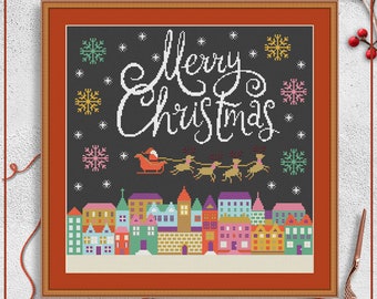 Merry Christmas Cross Stitch Pattern, Festive Winter Village (PDF Pattern)