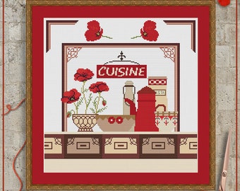 Kitchen cross stitch pattern | Poppies cross stitch chart | Country kitchen cross stitch project | Modern cross stitch PDF