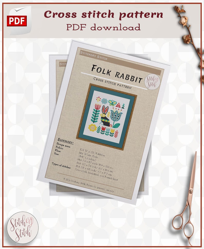 Folk art rabbit cross stitch PDF 画像 4