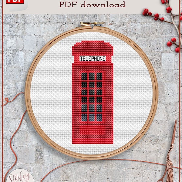 London phone booth cross stitch pattern | Red phone booth cross stitch chart | Phone booth cross stitch | Small cross stitch PDF