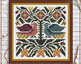 Primitive Birds Cross Stitch Pattern | Folk Art Flowers (PDF)