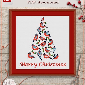 Christmas tree cross stitch pattern | Christmas birds cross stitch chart | Festive cross stitch PDF