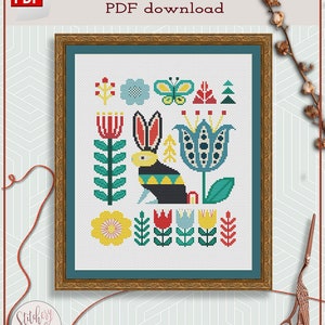 Folk art rabbit cross stitch PDF 画像 1