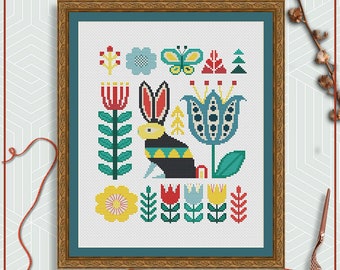 Folk art rabbit cross stitch PDF