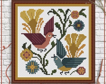 Primitive Birds Cross Stitch Pattern | Folk Art Flowers (PDF Pattern)