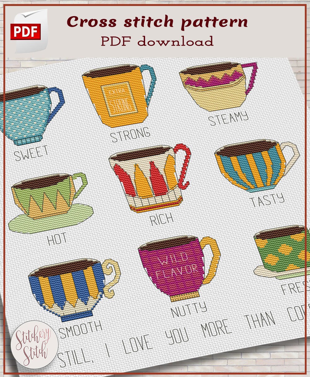 Coffee Cross Stitch Pattern Coffee Cups Cross Stitch Chart Etsy