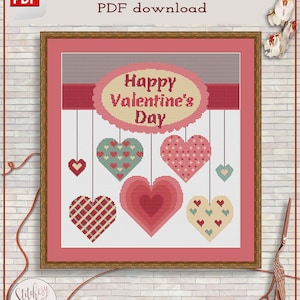 Colorful love hearts cross stitch pattern