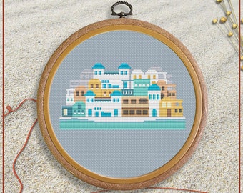 Santorini Greece Cross Stitch Pattern | Island Architecture (PDF Pattern)