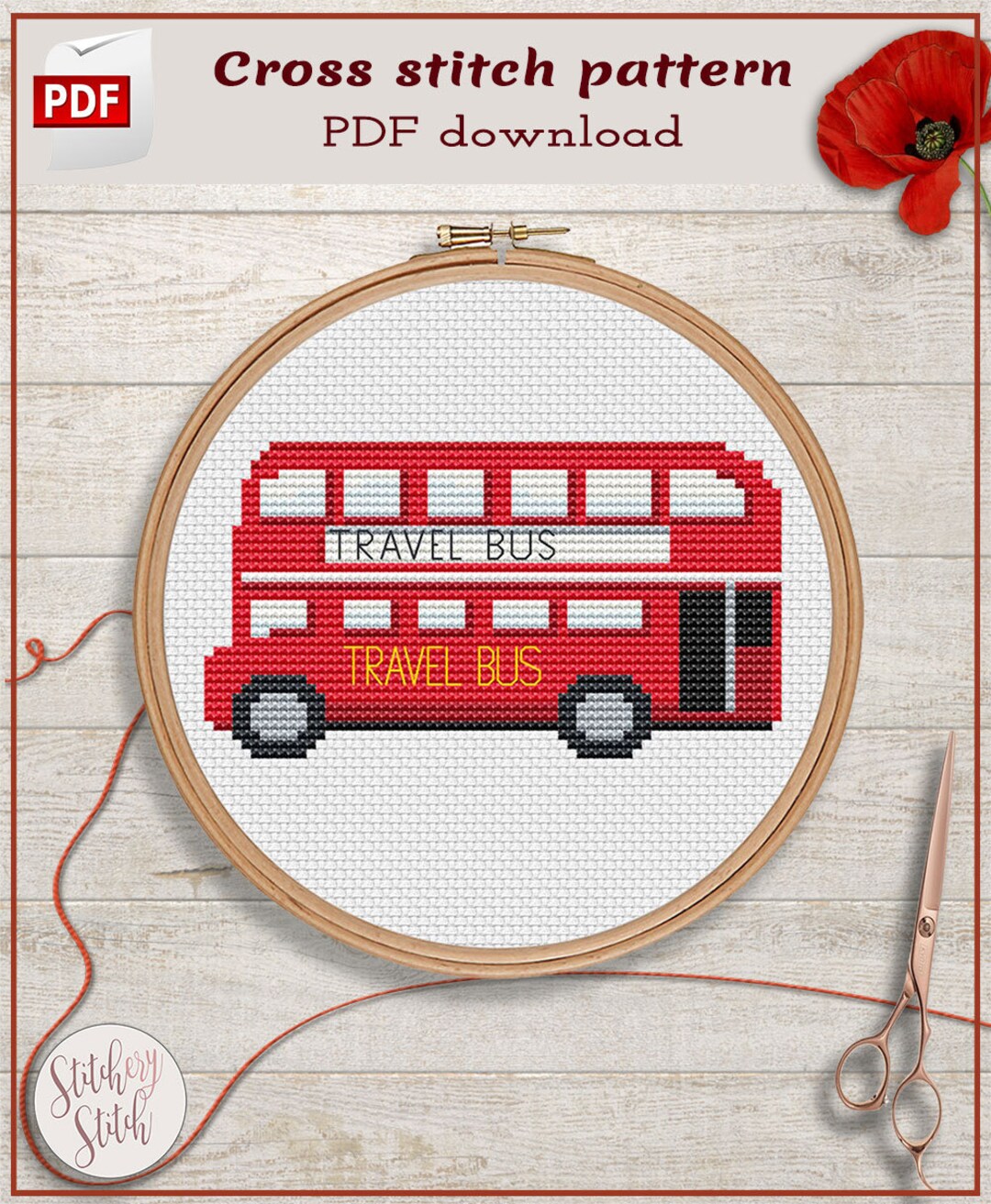 London Bus Cross Stitch Pattern | London Red Bus Cross Stitch Chart ...