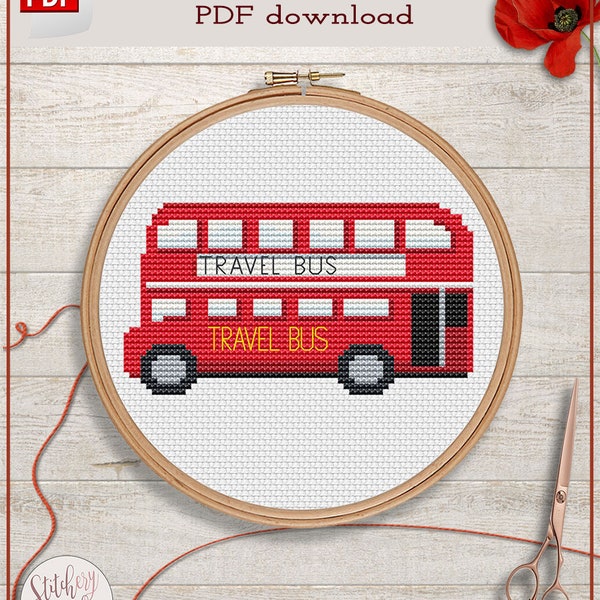 London bus cross stitch pattern | London red bus cross stitch chart | Double Decker Bus cross stitch | Small cross stitch PDF