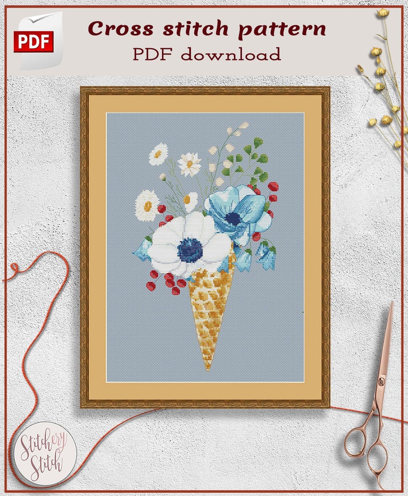 Floral ice cream cross stitch pattern by Stitchery Stitch image 1