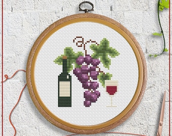 Red wine cross stitch pattern | Grape cross stitch chart | Kitchen cross stitch | Easy cross stitch PDF