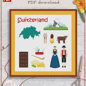 Switzerland cross stitch pattern | Swiss cross stitch chart | Country cross stitch design | Modern cross stitch pattern PDF