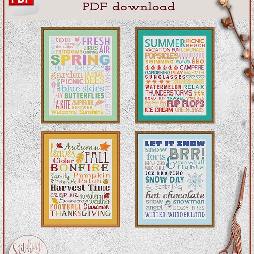 Seasons cross stitch patterns | 4 seasons cross stitch charts | Four seasons cross stitch designs | Cross stitch patterns PDF