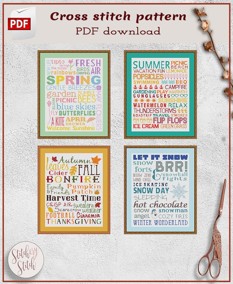 Seasons Cross Stitch Patterns 4 Seasons Cross Stitch Charts | Etsy