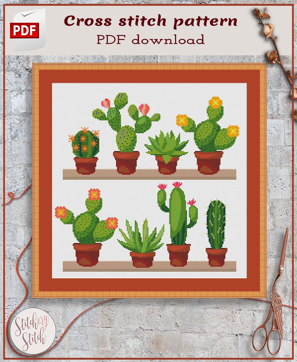 Flowerpot Kawaii Cross Stitch Pattern Houseplant Flower Pot Home Plants  Floral Cacti Cactus Set Botany Succulents PDF Instant Download 
