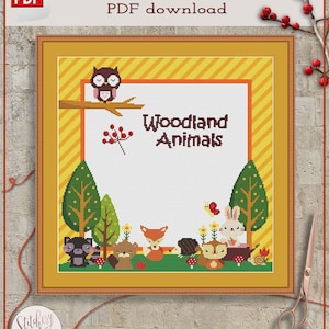 Woodland animals cross stitch pattern, Woodland nursery cross stitch, Custom cross stitch pattern image 1