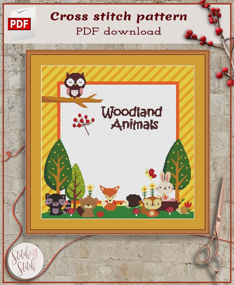 Woodland animals cross stitch pattern, Woodland nursery cross stitch, Custom cross stitch pattern image 1