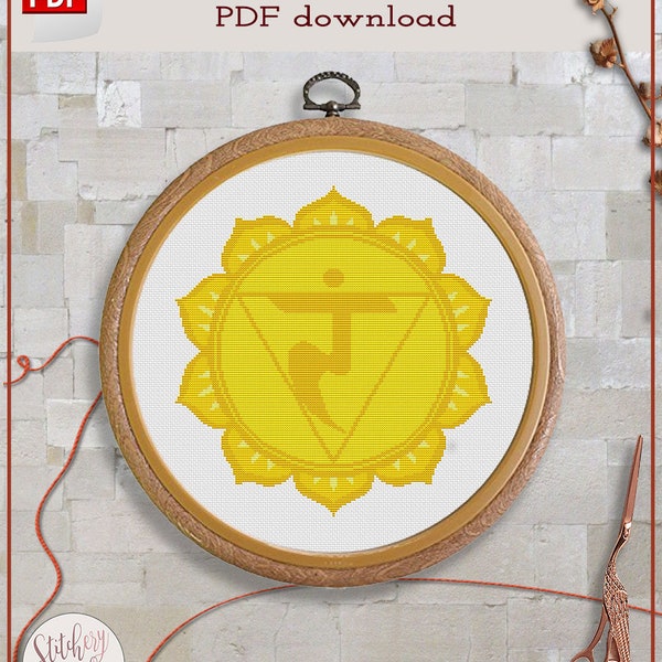 Manipura chakra cross stitch pattern | Third chakra cross stitch chart | Yellow chakra cross stitch design | Solar chakra cross stitch PDF