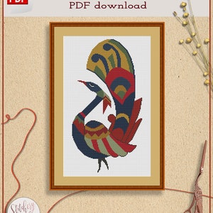 Peacock cross stitch pattern | Retro cross stitch chart | Folk art cross stitch design | Subversive cross stitch pattern PDF
