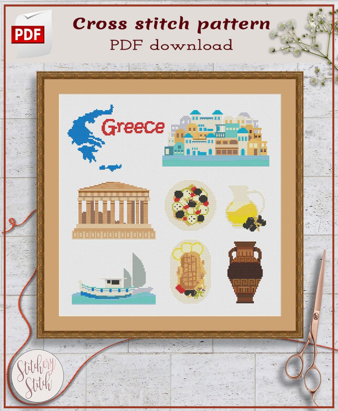 Greece Cross Stitch Pattern Greek Cross Stitch Chart Country Cross