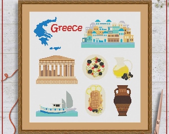 Greece cross stitch pattern | Greek cross stitch chart | Country cross stitch project | Modern cross stitch PDF