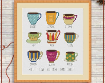 Coffee cross stitch pattern | Coffee cups cross stitch chart | Kitchen cross stitch design | Modern cross stitch pattern PDF