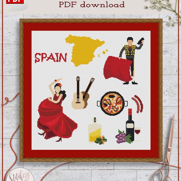 Spain cross stitch pattern | Spanish cross stitch chart | Country cross stitch design | Simple cross stitch PDF